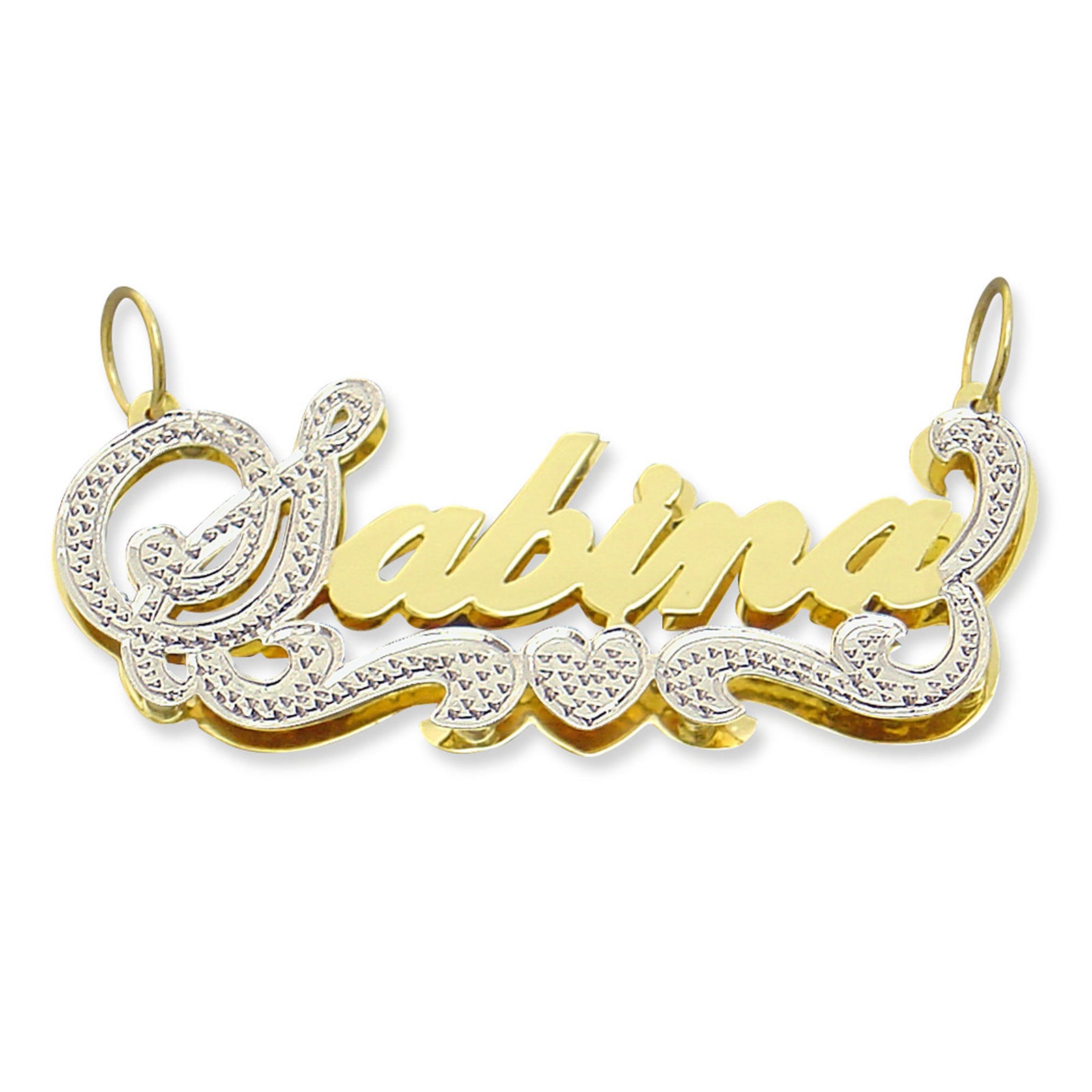 Custom 10K or 14K solid gold 3D double plate iced out name pendant with heart detail and two-tone rhodium diamond accents.