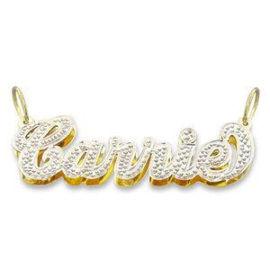 Personalized 10K 14K gold 3D double plate name pendant necklace featuring diamond accents spelling Carrie on a plain white background.