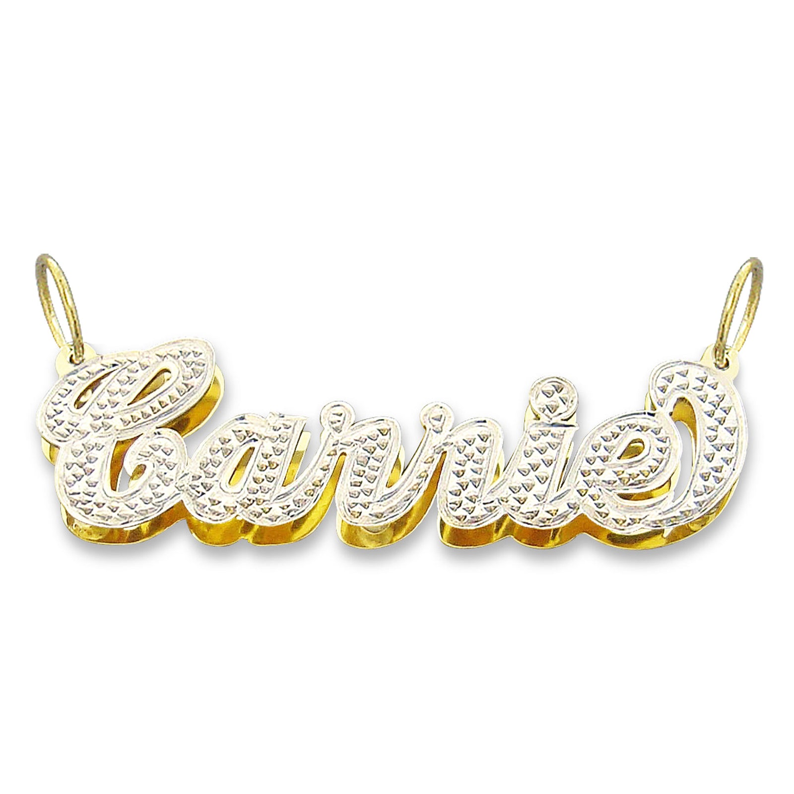 Personalized 10K 14K gold 3D double plate name pendant necklace featuring diamond accents spelling Carrie on a plain white background.