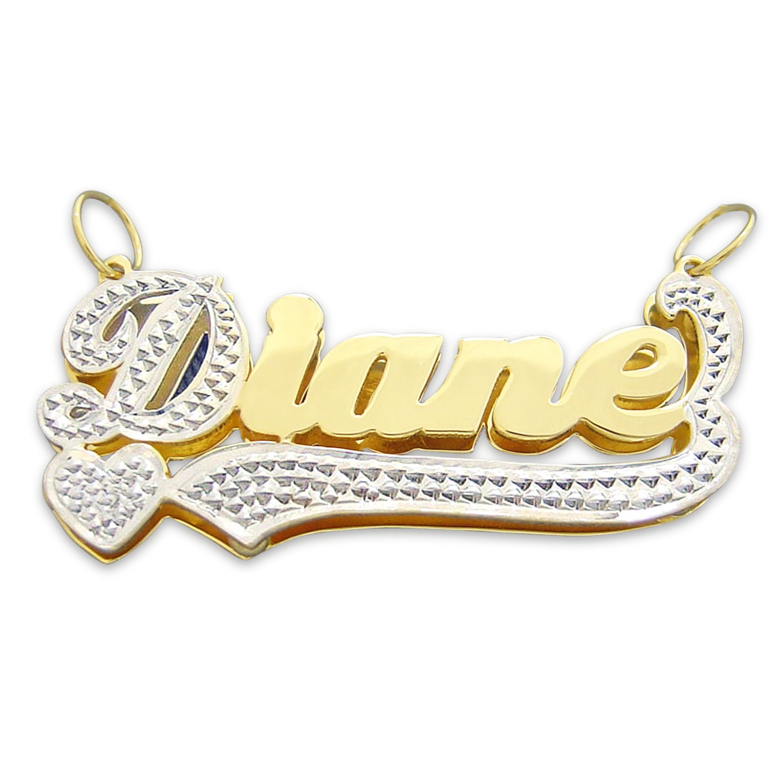 Custom 3D double plate real gold nameplate pendant spelling Diane in fancy script font with diamond accents and heart tail.