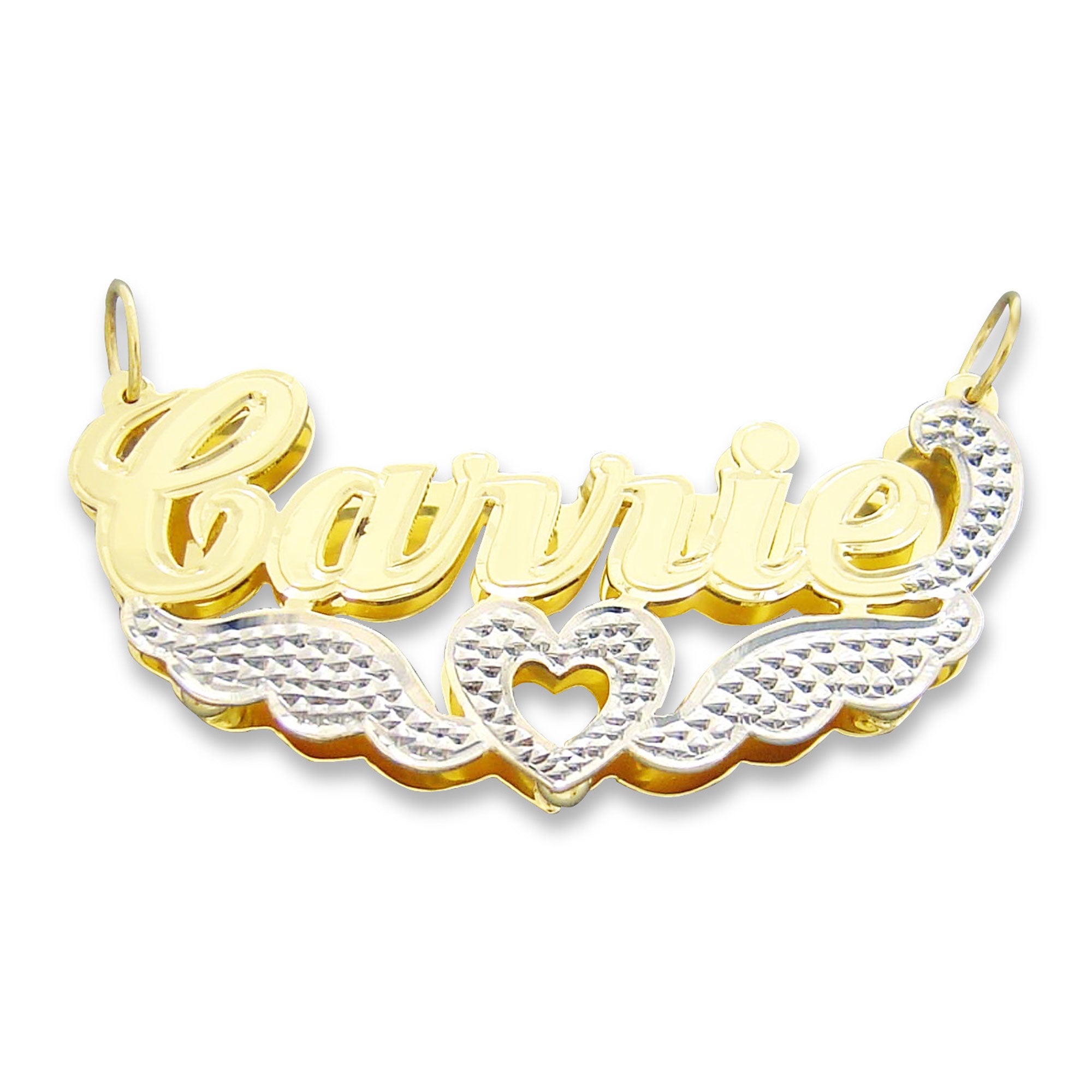 Handcrafted 10K or 14K solid gold 3D double plate name pendant spelling "Carrie" with two-tone diamond-cut rhodium heart charm and tail accents.