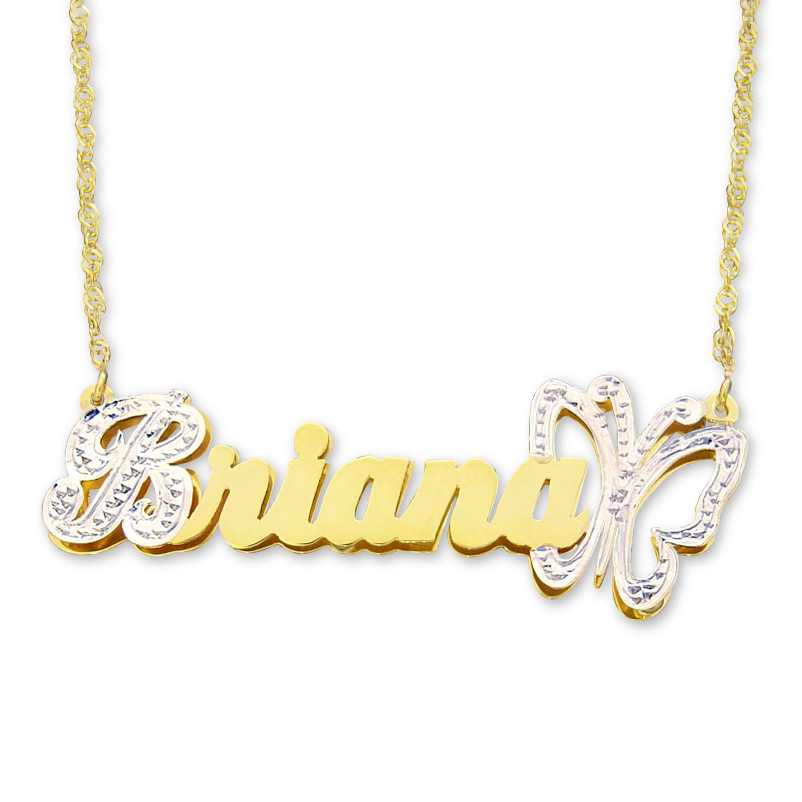 Personalized 10k solid yellow gold double-plate 3D name pendant spelling "Brianna" with rhodium-plated iced-out accents on the first letter and butterfly motif.