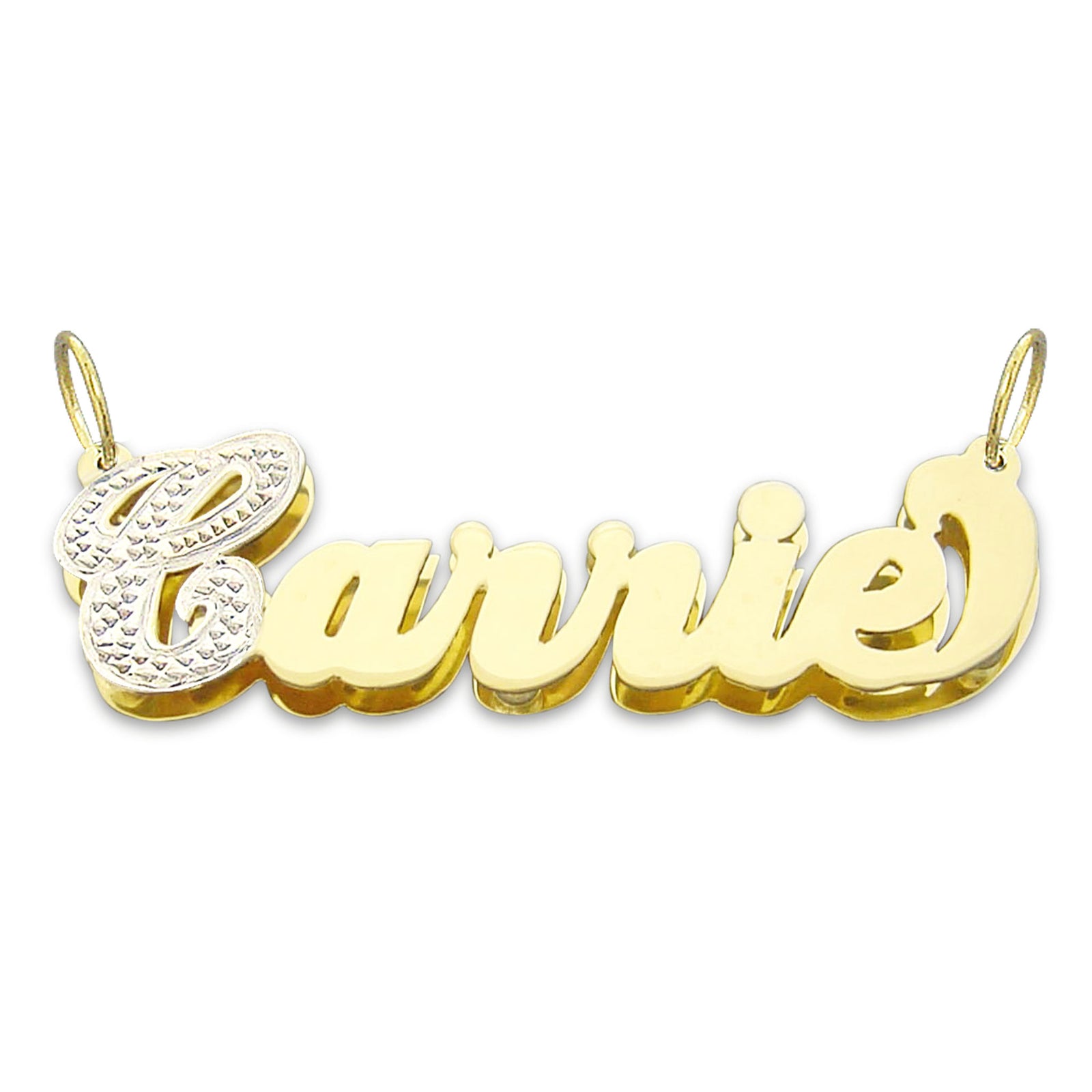 Personalized 10K or 14K gold 3D Carrie style double plate nameplate pendant spelling Carrie in cursive font.