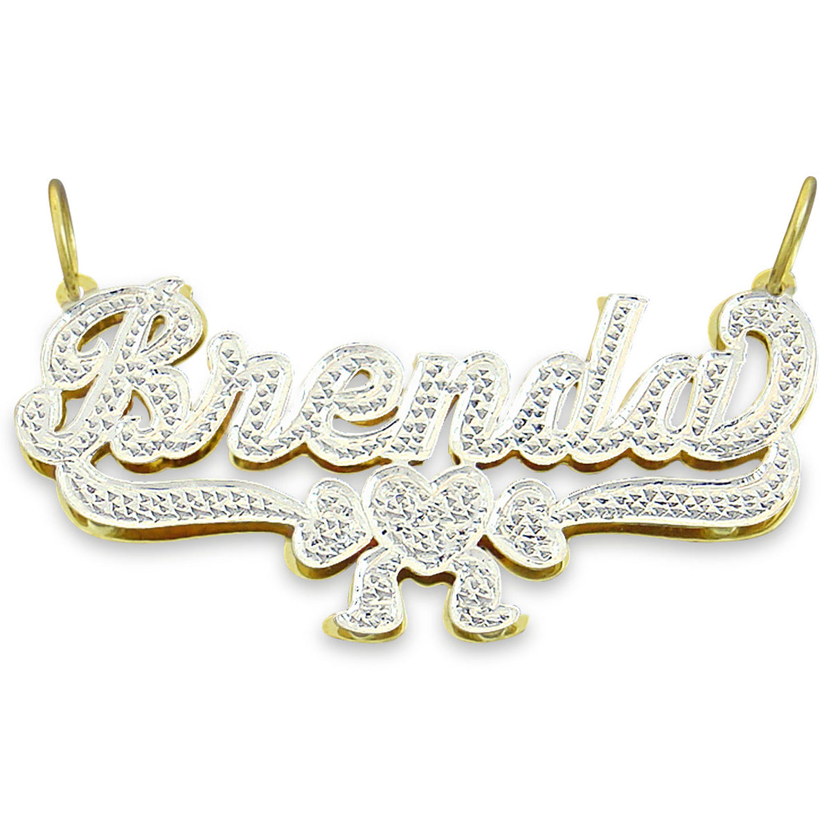 Custom 10k or 14k gold double plate name necklace reading Brenda with diamond accent ribbon charm base.