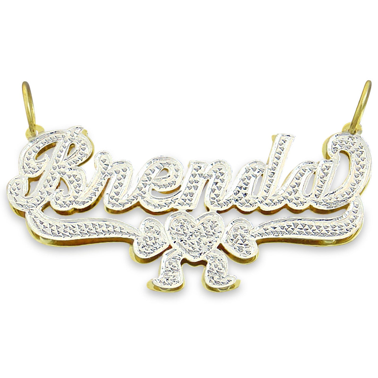 Custom 10k or 14k gold double plate name necklace reading Brenda with diamond accent ribbon charm base.