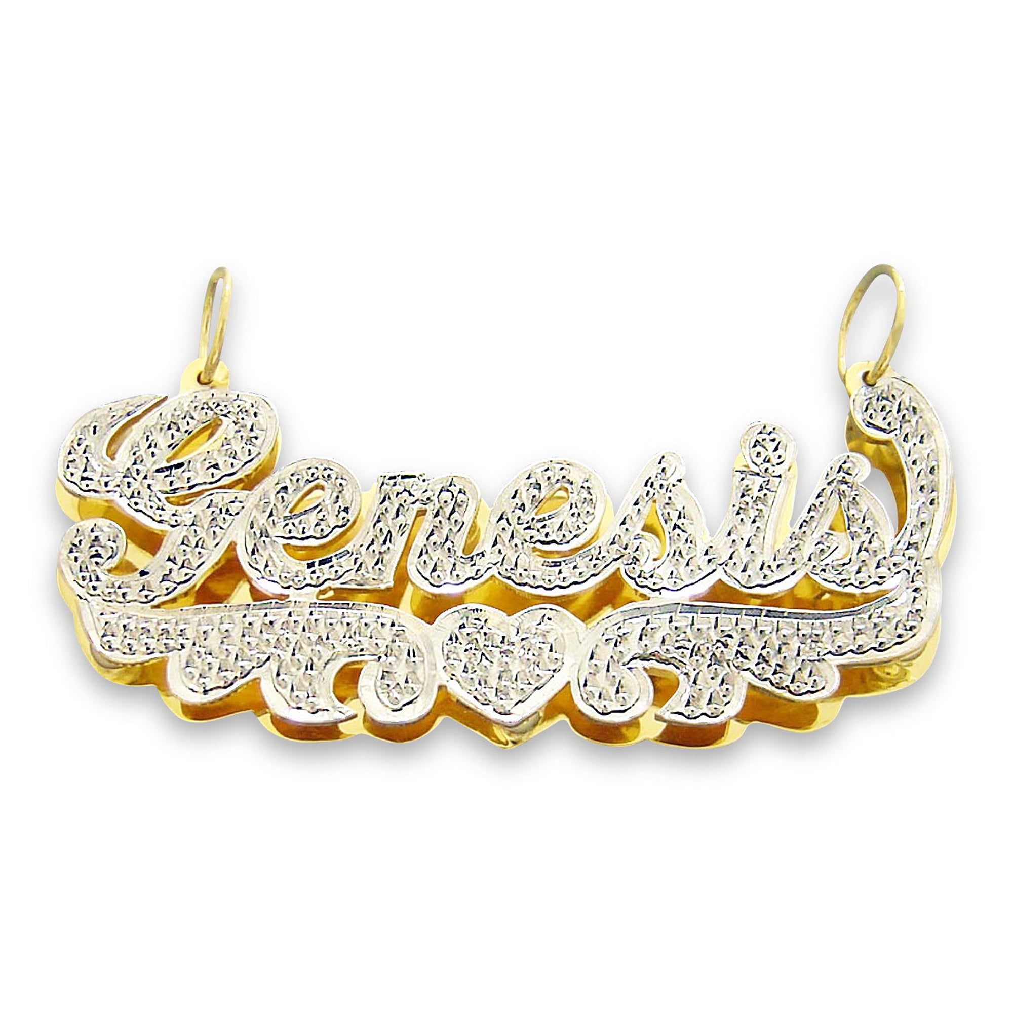 10k yellow gold personalized 3D double plate name pendant with iced-out diamond accents, angel wings, and a center heart design.