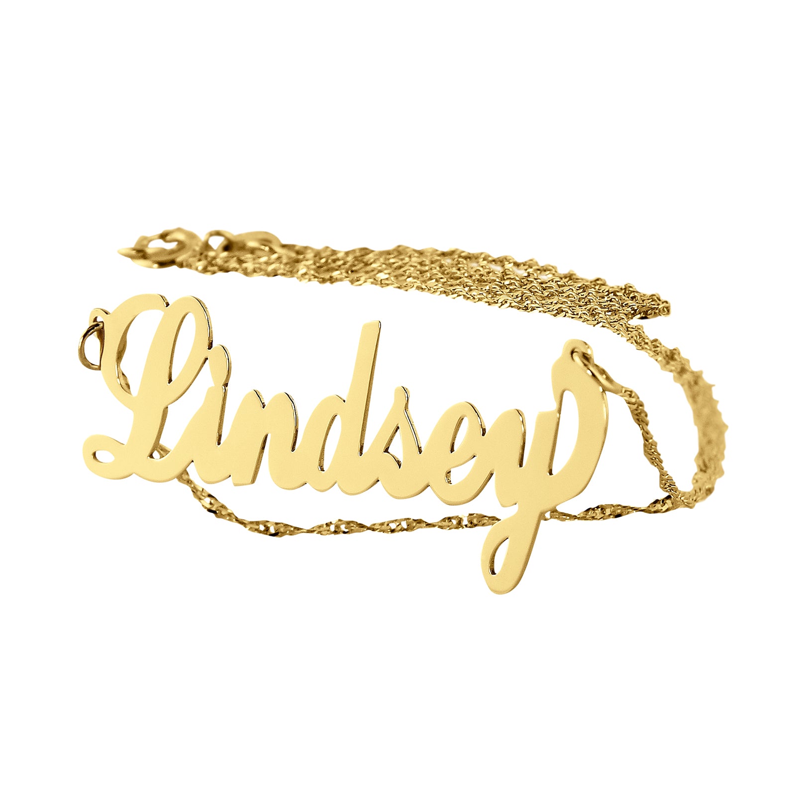 Custom 14k solid gold script name necklace spelling Lindsey on a gold chain
