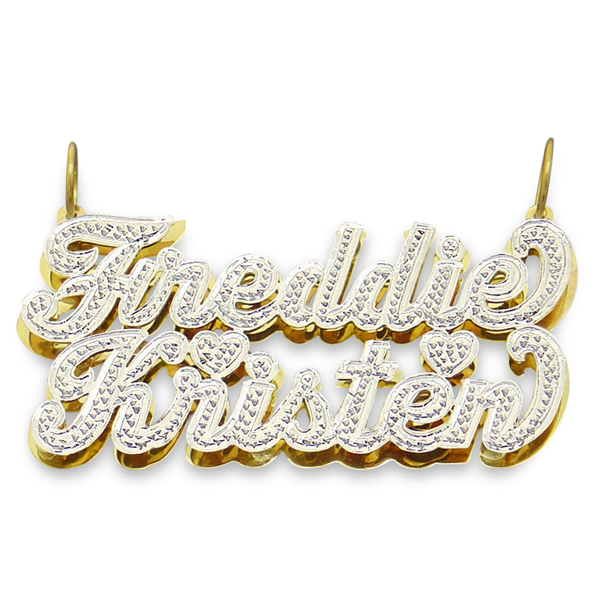 Custom 10k solid gold 3D iced couple name pendant with diamond accents and script font reading Freddie and Kristen