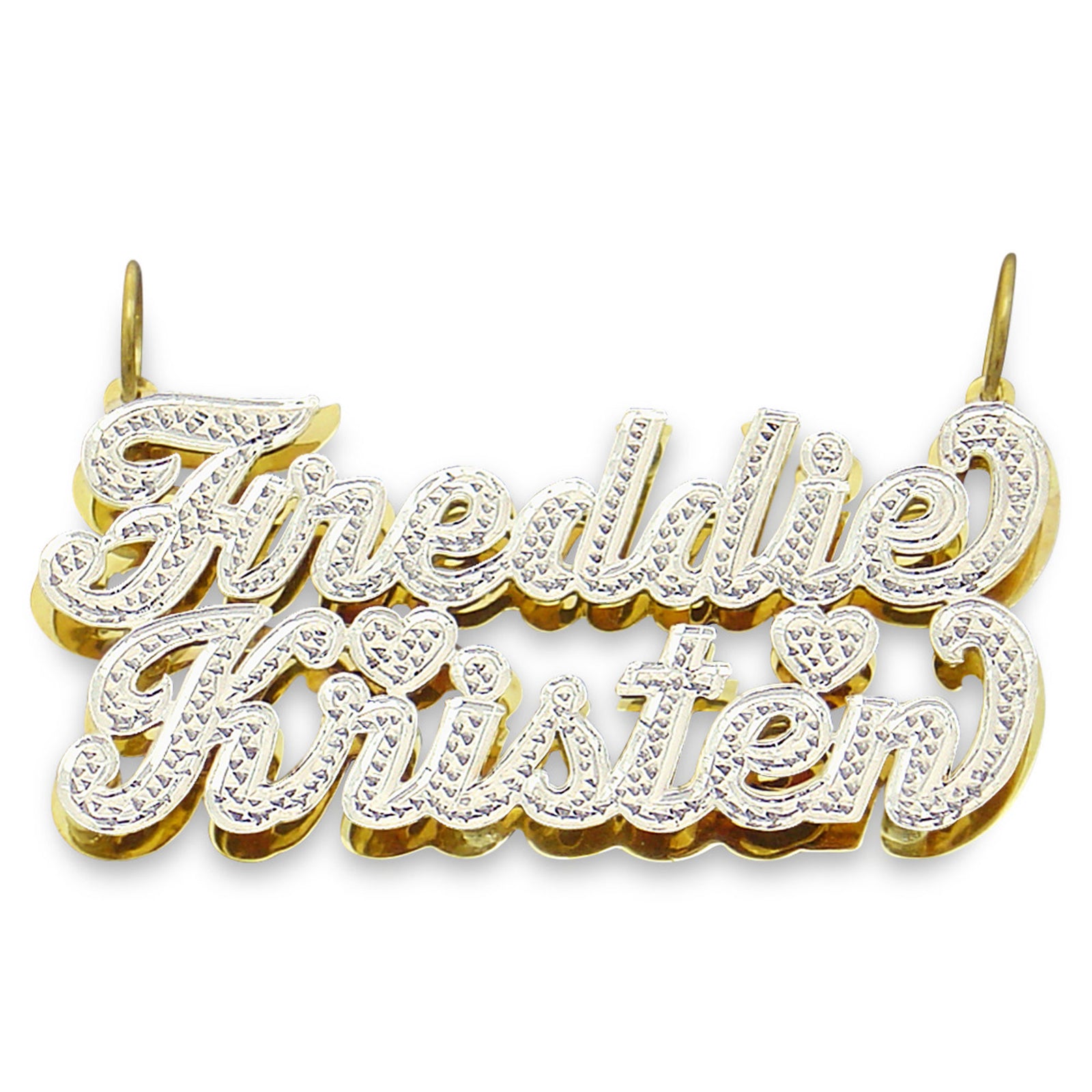 Custom 10k solid gold 3D iced couple name pendant with diamond accents and script font reading Freddie and Kristen