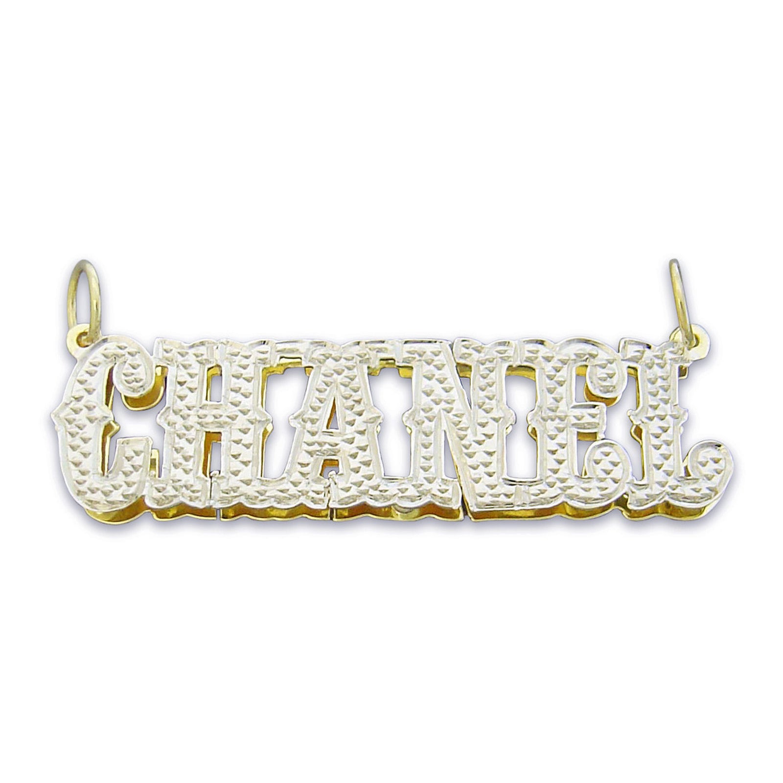 Personalized 10K solid yellow gold 3D double plate name pendant spelling Chanel with rhodium-finished diamond accents.