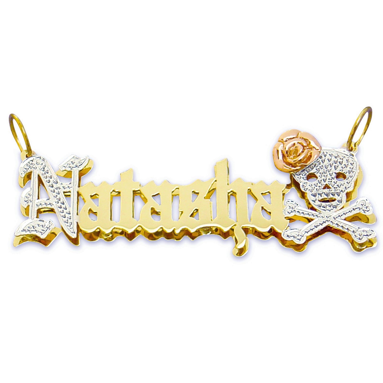 Personalized 3D double plate Old English font nameplate necklace in solid yellow gold featuring a rose gold skull and crossbones design with flower motif.