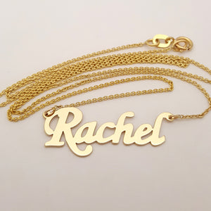 10k solid gold dainty custom Rachel nameplate necklace displayed on a classic Rolo chain.