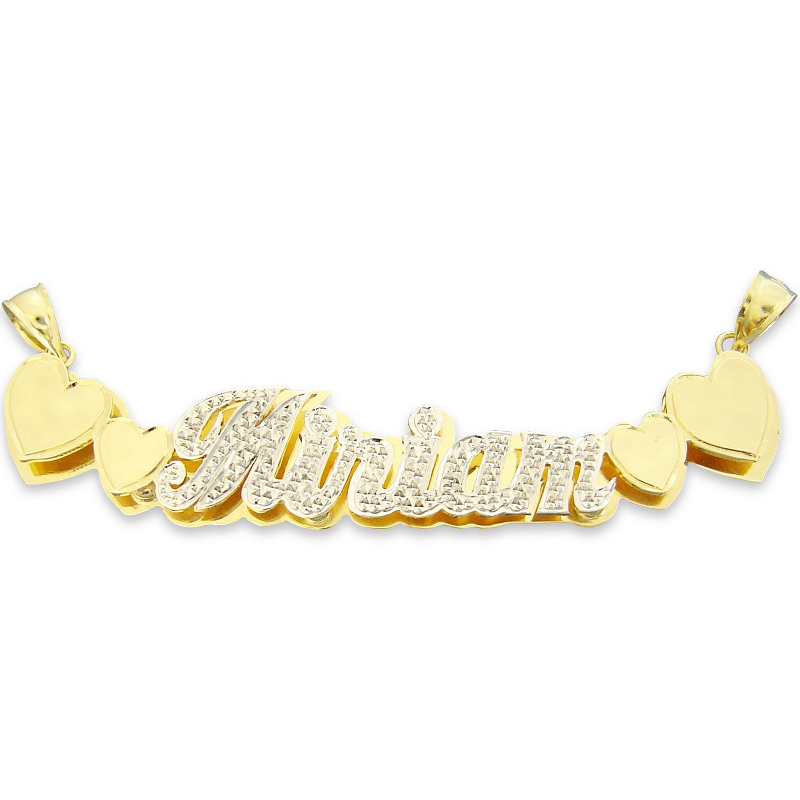 10k solid gold personalized double plate 3D name pendant with heart charms and diamond-cut finish
