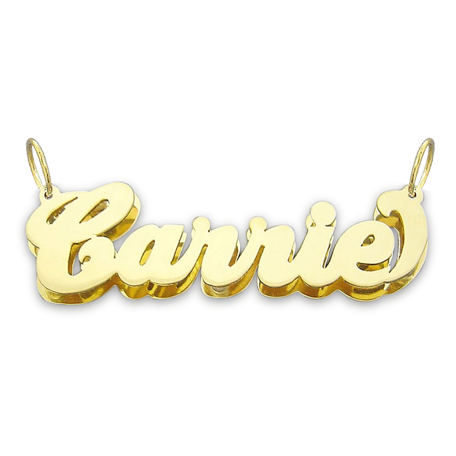 Custom 10K yellow gold 3D double plate Carrie-style nameplate pendant necklace with cursive lettering.
