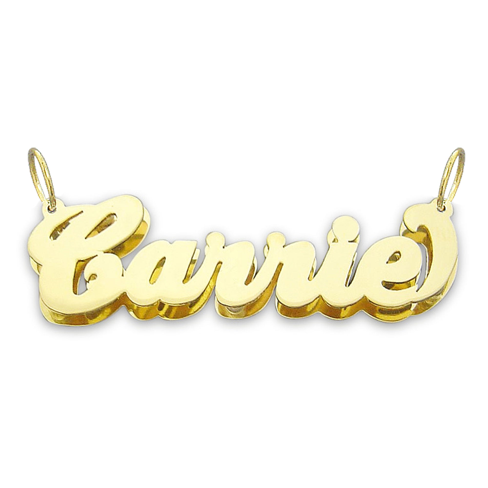 Custom 10K yellow gold 3D double plate Carrie-style nameplate pendant necklace with cursive lettering.