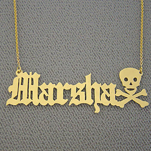 Personalized Gold Old English Font Name with Skull Necklace NN32