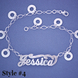 Sterling Silver Dangling Circle Personalized Name Anklet SA23