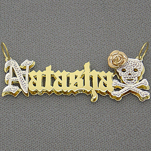 Personalized Jewelry Solid 10k or 14k Gold Double Plate Old English Font Name Skull Cross Bones