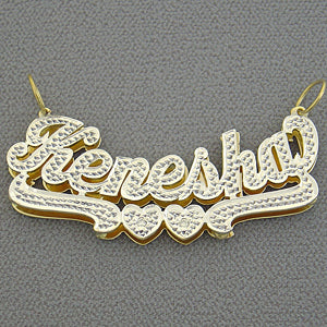 Solid Gold Personalized Double Plate Diamond Curved Iced Out Name Pendant Charm