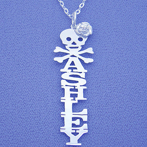 Silver Vertical Flower Name Necklace Pendant w- Skull SN39
