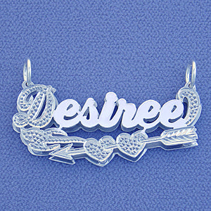 Silver Personalized Double Plate Name Pendant Necklace Hearts Cupid Arrow Diamond Accent Jewelry