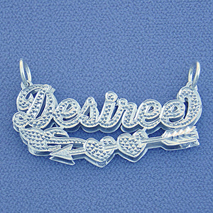 Silver Hearts Cupid Arrow Name Pendant Double Plates Diamond Accent Charm Necklace
