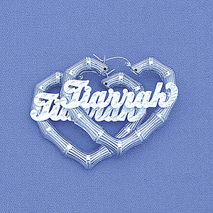 Sterling Silver Heart Bamboo Personalized Name Earrings 2 Inch SB52