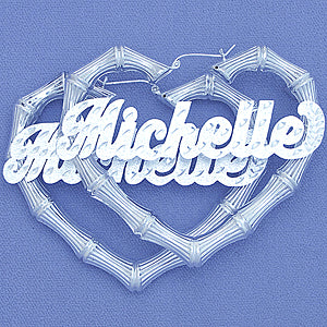 Silver Heart Bamboo Personalized Name Earrings 2 7-8 Inch SB54