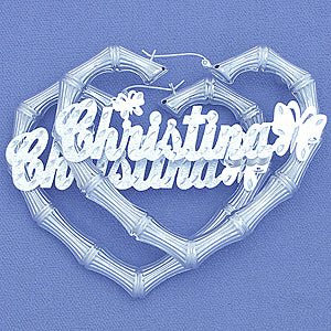 Silver Heart Bamboo Butterfly Name Earrings 2 7-8 Inch SB59