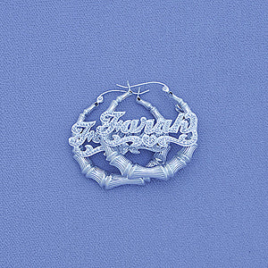 'Silver Round Doorknocker Bamboo Iced Name Hoop Earring 1 3-8  SB61'''