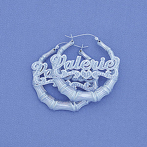 'Silver Round Doorknocker Bamboo Iced Name Hoop Earring 1 11-16  SB62'''