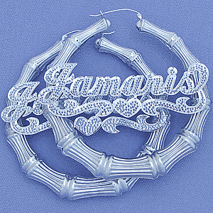 'Silver Round Doorknocker Bamboo Iced Name Hoop Earring 2 7-8  SB64'''