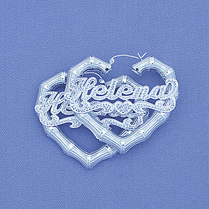Silver Heart Doorknocker Bamboo Iced Name Hoop Earrings 2 Inch SB67