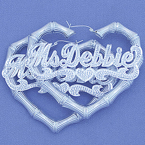 Silver Heart Doorknocker Bamboo Iced Name Earrings 2 7-8 Inch SB69