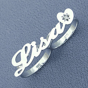 Silver Personalized Two Finger Name Ring with Heart SR43