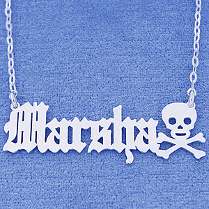 Personalized Silver Old English Font Name with Skull SN_32