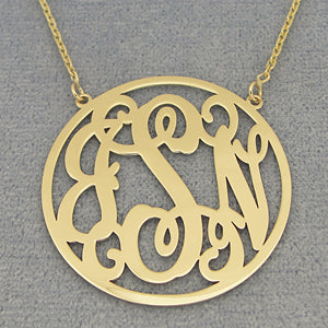 Gold 3 Initials Circle Monogram Necklace 1 1-4 Inch Diameter GM43C