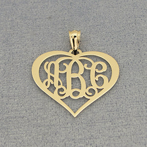 Solid Gold 3 Initials Heart Monogram Pendant 1 inch Wide GM56