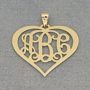 Solid Gold 3 Initials Heart Monogram Pendant 1 1-4 inch Wide GM57
