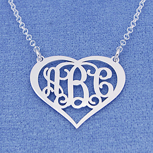 Sterling Silver 3 Initials Heart Monogram Necklace 1 inch wide SM56C