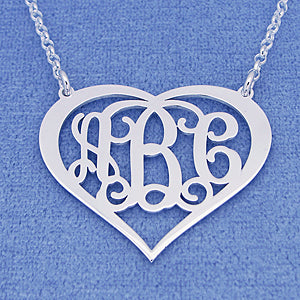 Silver 3 Initials Heart Monogram Necklace 1 1-4 inch wide SM57C