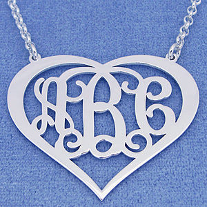 Silver 3 Initials Heart Monogram Necklace 1 1-2 inch wide SM58C