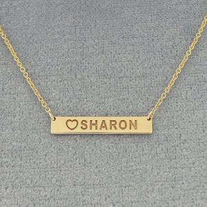 Dainty Small Solid Gold Heart Name Laser Engraved Horizontal Bar Necklace 7-8 Inch GC35