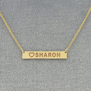 Dainty Small Solid Gold Heart Name Laser Engraved Horizontal Bar Necklace 7-8 Inch GC35