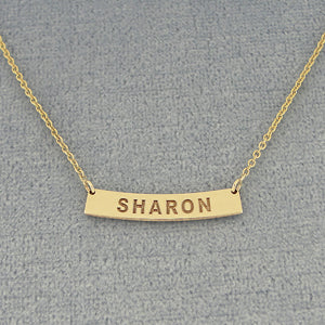 Dainty Small 10k or 14k Solid Gold Name Engraved Horizontal Curve Bar Necklace 7-8 Inch Mini GC38