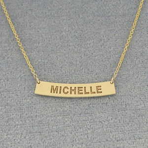Small Personalized Solid Gold Any Name Engraved Horizontal Curve Bar Necklace 1 Inch GC39