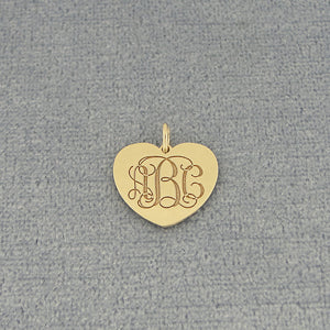 Small 3 Initial Monogram Heart Solid Gold Disc Charm Pendant GC21