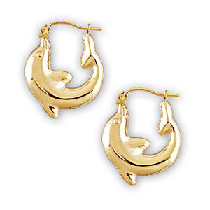 10kt Gold High-Polished Dolphin Door Knocker Earrings 3-4 Inch
