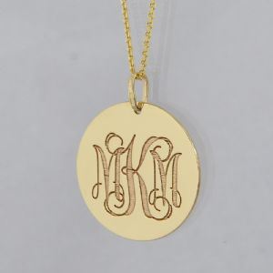 Solid Gold 1 Inch Round Disc Laser Engraved 3 Initial Monogram Charm Pendant Necklace GC09