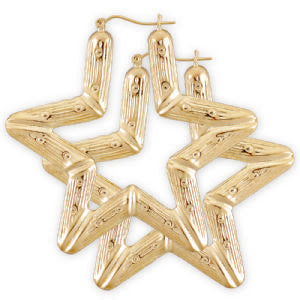 10K Gold Star Hallow Bamboo Earrings Fine Jewelry 2 1-2 Inch.